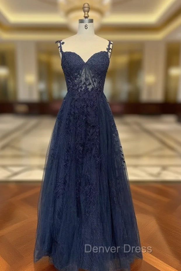 Dark Navy Blue Long Lace Prom Dresses, Dark Navy Blue Long Lace Formal Evening Dresses Main image