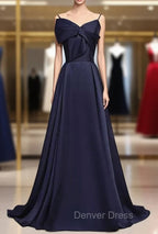 Dark Navy Blue Long Satin Prom Dress, Dark Navy Blue Long Prom Dresses