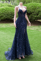 Dark Navy Blue Prom Dress Long Sequins Mermaid Women Tulle Prom Dresses Spaghetti Straps