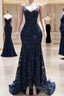 Dark Navy Blue Prom Dresses Sequins Mermaid Tulle Long Evening Dresses Spaghetti Straps