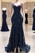 Dark Navy Blue Prom Dress Sequins Mermaid Tulle Long Prom Dresses Spaghetti Straps