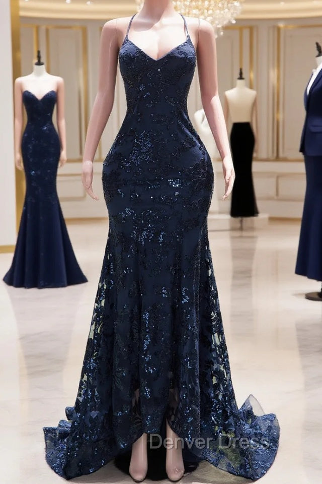 Dark Navy Blue Prom Dress Sequins Mermaid Tulle Long Prom Dresses Spaghetti Straps