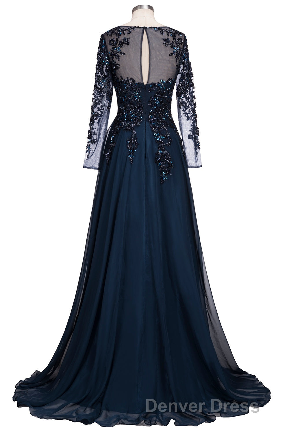 Dark Navy Long A Line Jewel Tulle Prom Dresses with Sleeves Secondary image