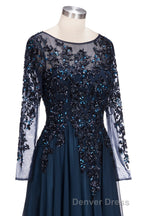 Dark Navy Long A-line Jewel Tulle Formal Evening Dresses with Sleeves