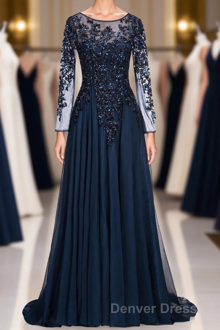 Dark Navy Long A Line Jewel Tulle Prom Dresses with Sleeves Main image