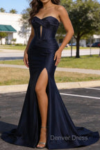 Dark Navy Mermaid Sweetheart Corset Long Prom Dresses with Slit