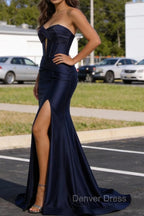 Dark Navy Mermaid Sweetheart Corset Long Prom Dresses with Slit