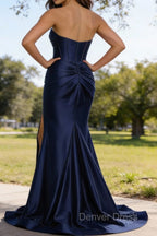 Dark Navy Mermaid Sweetheart Corset Long Prom Dresses with Slit