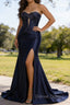 Dark Navy Mermaid Sweetheart Corset Long Prom Dresses with Slit