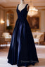 Dark Navy Prom Dress, A Line V Neck Sleeveless Long Floor Length Satin Prom Dresses