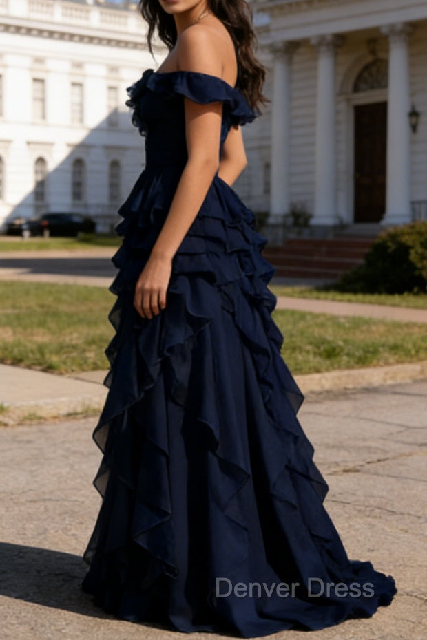 Dark Navy Ruffled A-Line Square Neck Long Prom Dresses