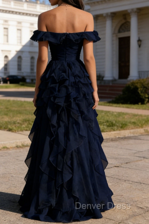Dark Navy Ruffled A-Line Square Neck Long Prom Dresses