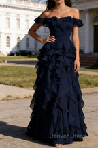 Dark Navy Ruffled A-Line Square Neck Long Prom Dresses
