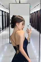 Dark Navy Sequins Sparkly Mermaid Spaghetti Straps Long Prom Dresses
