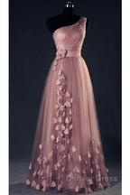Dark Pink One Shoulder Flowers Tulle Bridesmaid Dress, A Line Pink Prom Dresses