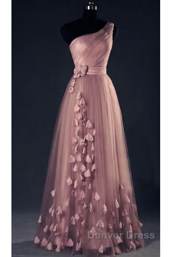 Dark Pink One Shoulder Flowers Tulle Bridesmaid Dress, A Line Pink Prom Dresses