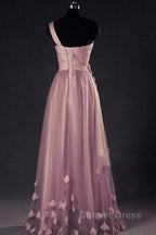Dark Pink One Shoulder Flowers Tulle Bridesmaid Dress, A Line Pink Prom Dresses