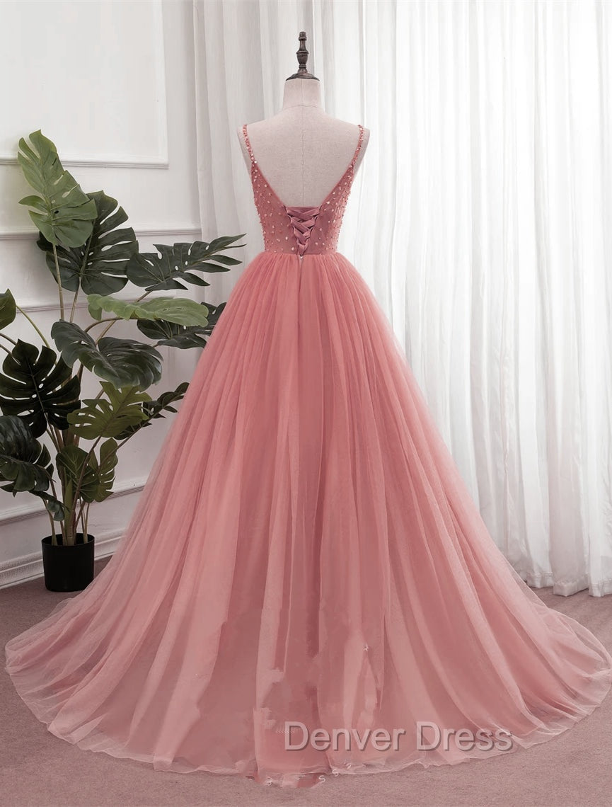 Dark Pink Sequins V Neckline Straps Long Prom Dress, Tulle Pink Prom Dresses