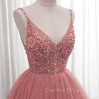 Dark Pink Sequins V Neckline Straps Long Prom Dress, Tulle Pink Prom Dresses