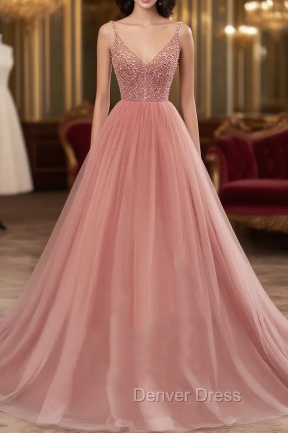 Dark Pink Sequins V Neckline Straps Long Prom Dress, Tulle Pink Prom Dresses Main image