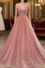 Dark Pink Sequins V Neckline Straps Long Prom Dress, Tulle Pink Prom Dresses