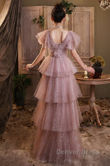 Dark Pink Shiny Tulle Short Sleeves Party Dresses, Beaded Pink Tulle Prom Dresses