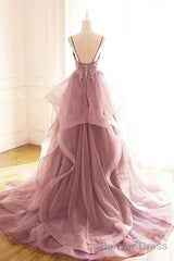 Dark Pink V-Neck Tulle Lace Prom Dress,Spaghetti Strap Prom Dress,Ruffle A Line Formal Dress
