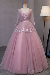 Dark Pink V-Neckline Ball Gown Lace Applique Sweet 16 Dress, Pink Prom Dress Party Dress
