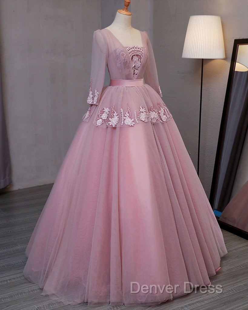Dark Pink V-Neckline Ball Gown Lace Applique Sweet 16 Dresses, Pink Prom Dresses Party Dresses