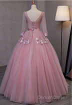 Dark Pink V-Neckline Ball Gown Lace Applique Sweet 16 Dresses, Pink Prom Dresses Party Dresses