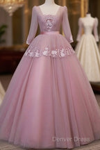 Dark Pink V-Neckline Ball Gown Lace Applique Sweet 16 Dresses, Pink Prom Dresses Party Dresses