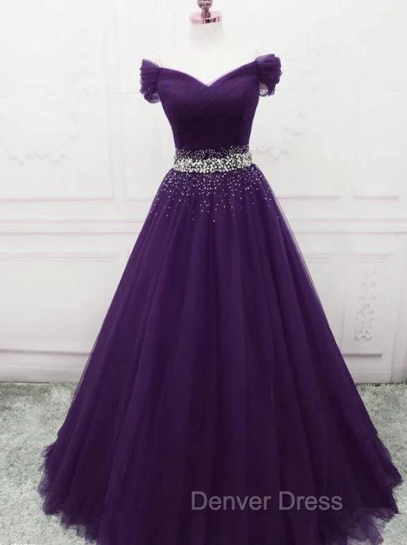 Dark Purple Beaded Tulle Off Shoulder Prom Dress Purple Junior Prom Dress shops