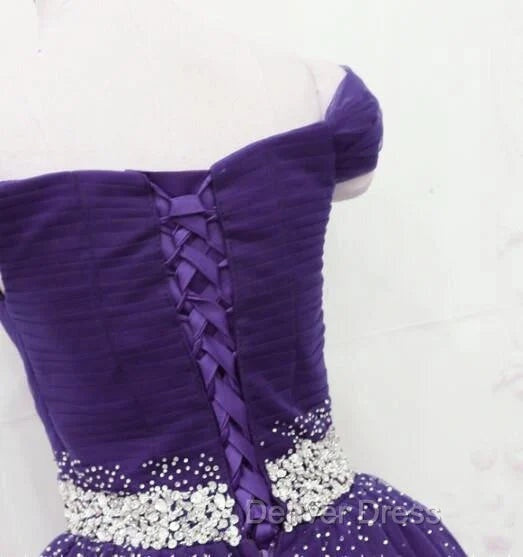 Dark Purple Beaded Tulle Off Shoulder Prom Dress Purple Junior Prom Dress shops
