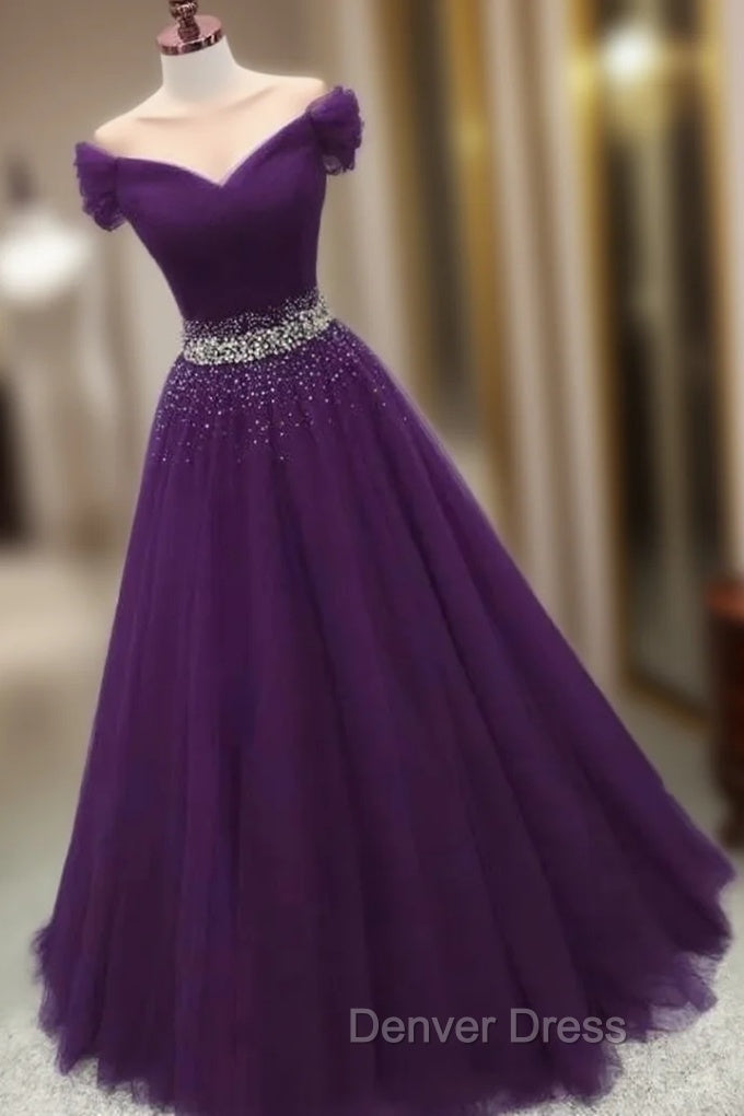 Dark Purple Beaded Tulle Off Shoulder Party Dresses Purple Junior Prom Dresses prom Dresses shops Main image