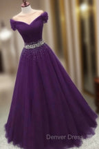 Dark Purple Beaded Tulle Off Shoulder Prom Dress Purple Junior Prom Dress shops