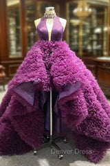 Dark Purple  High Neck Crystal Prom Dresses