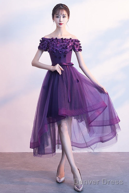 Dark Purple High Low Cute Off Shoulder Homecoming Dress , Lovely Prom Dresses
