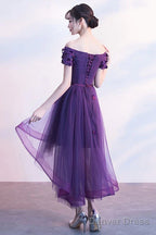 Dark Purple High Low Cute Off Shoulder Homecoming Dress , Lovely Prom Dresses