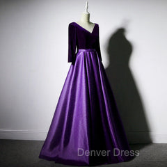 Dark Purple Long Sleeves V-neckline Velvet and satin Long Party Dresses, Long Evening Dresses Prom Dresses