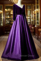 Dark Purple Long Sleeves V-neckline Velvet and satin Long Party Dresses, Long Evening Dresses Prom Dresses