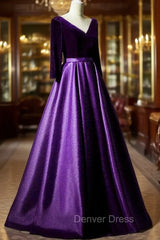 Dark Purple Long Sleeves V-neckline Velvet and satin Long Party Dresses, Long Evening Dresses Prom Dresses