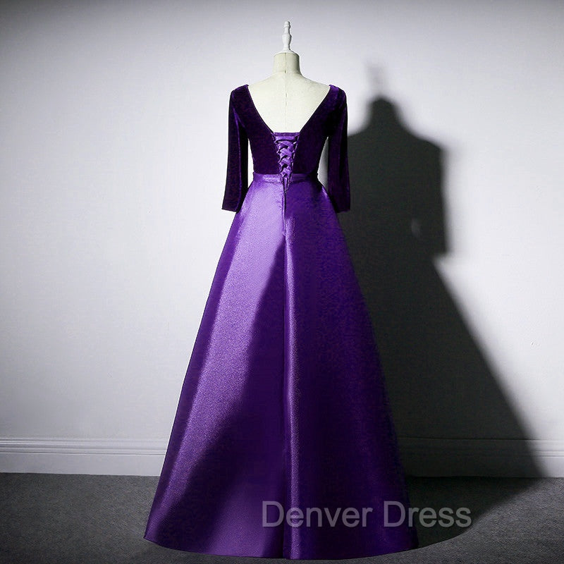Dark Purple Long Sleeves V-neckline Velvet and satin Long Party Dresses, Long Evening Dresses Prom Dresses