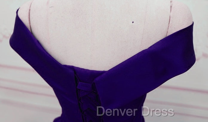 Dark Purple Off Shoulder Satin Long Prom Gowns, Prom Dresses