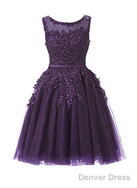 Dark Purple Short Prom Dress, Tulle Prom Dress, Applique Homecoming Dresses Main image
