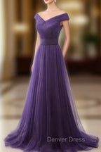 Dark Purple Sweetheart Tulle Off Shoulder Bridesmaid Dress, Long Prom Dresses
