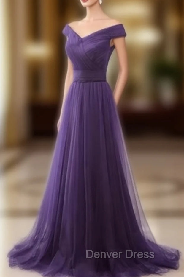 Dark Purple Sweetheart Tulle Off Shoulder Bridesmaid Dress, Long Prom Dresses