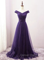 Dark Purple Sweetheart Tulle Off Shoulder Bridesmaid Dress, Long Prom Dresses