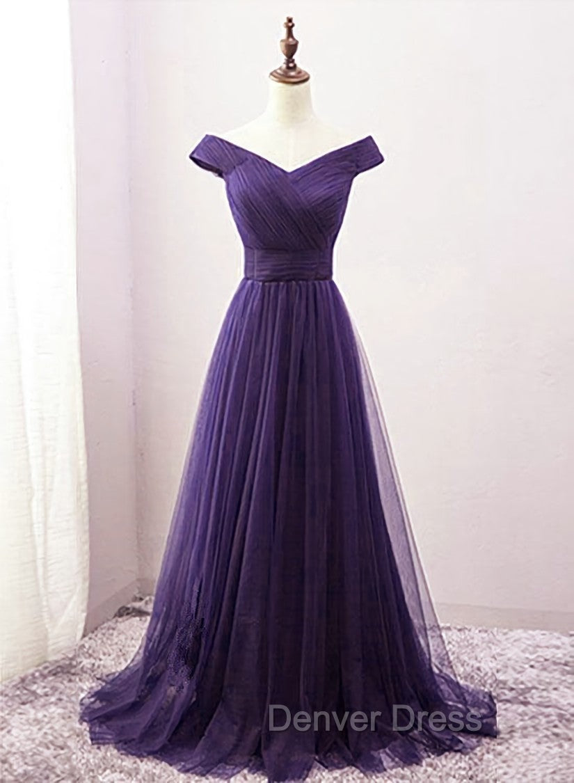 Dark Purple Sweetheart Tulle Off Shoulder Bridesmaid Dress, Long Prom Dresses