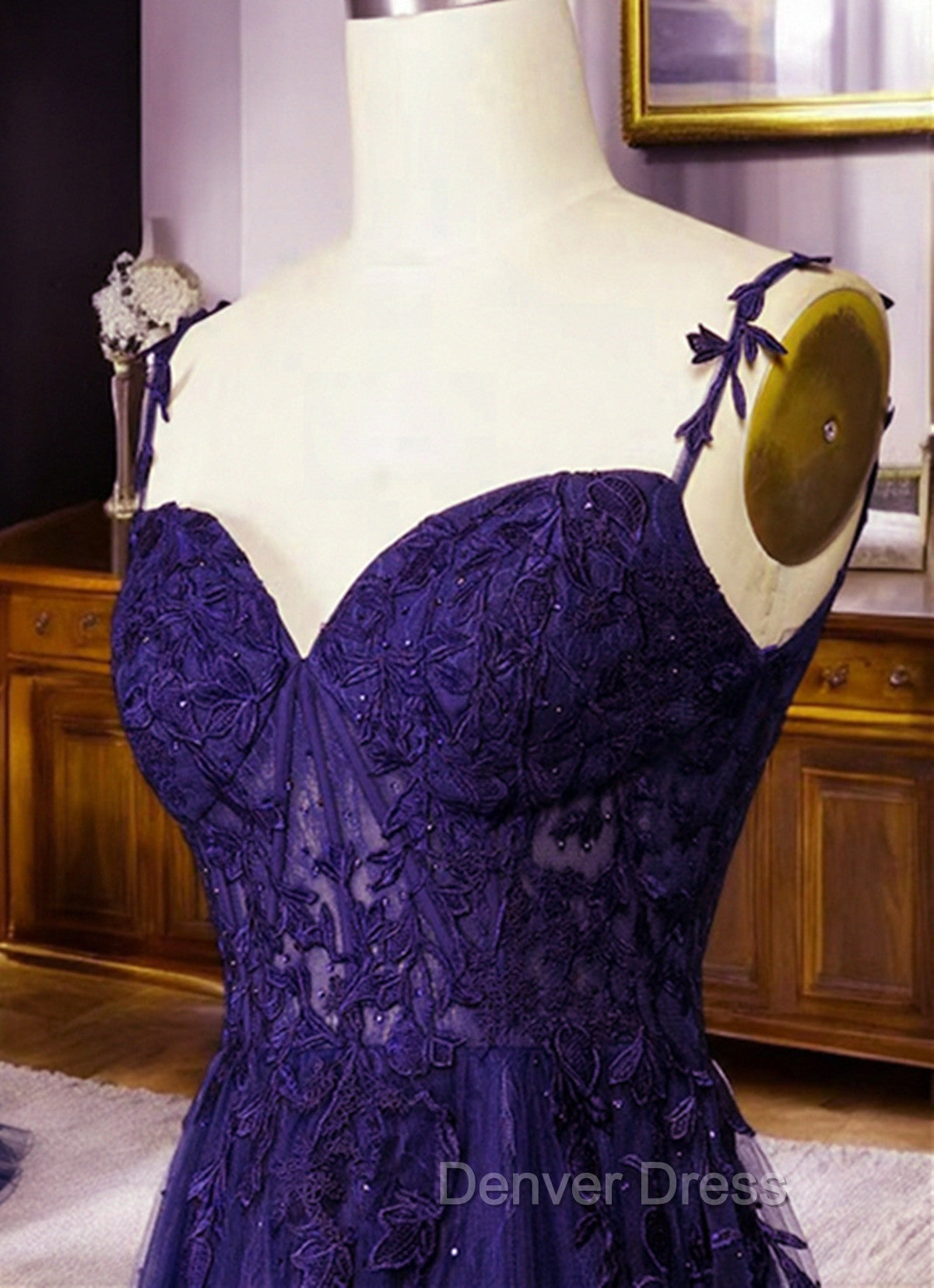 Dark Purple Sweetheart Tulle with Lace Straps Prom Dress, Dark Purple Prom Dresses