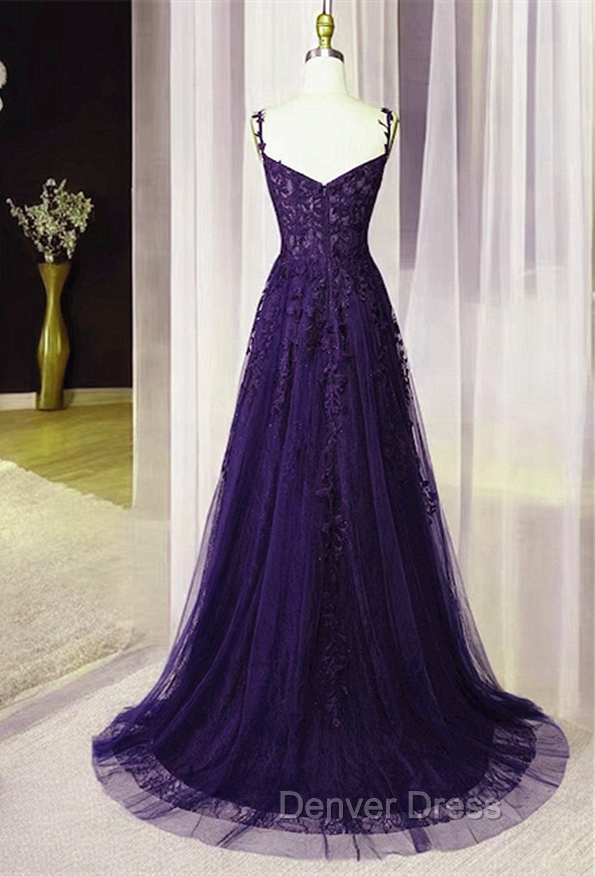 Dark Purple Sweetheart Tulle with Lace Straps Party Dresses, Dark Purple Prom Dresses